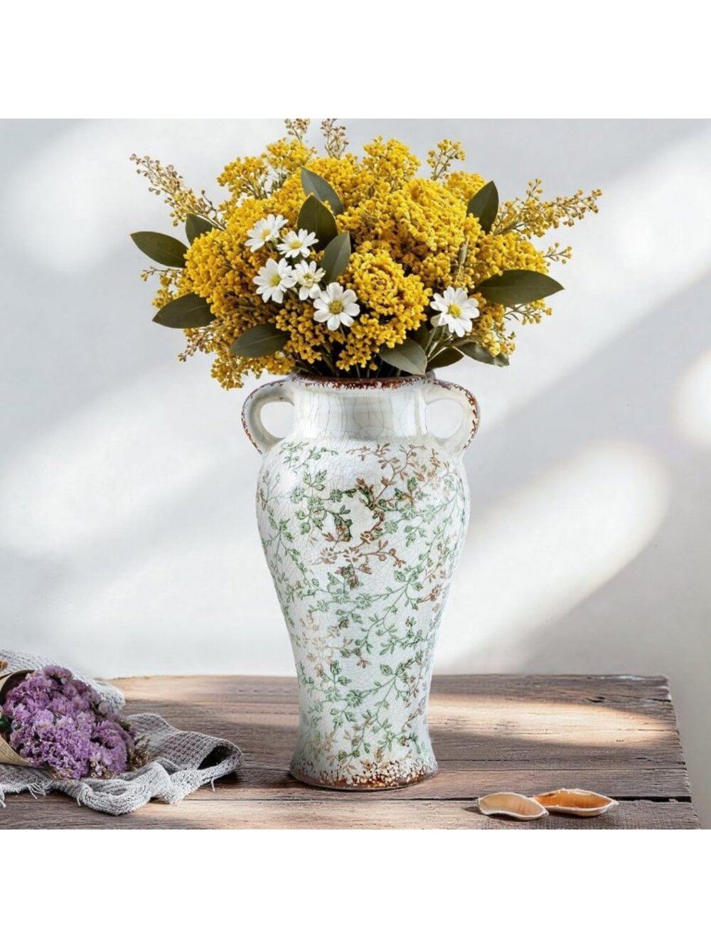 Large 12.6" Green Floral Ceramic Vase with Double Handles - Home Decor Accent